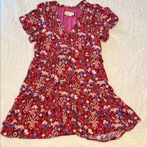 Anthropologie Pink Red Blue Floral Tiered V-Neck Dress